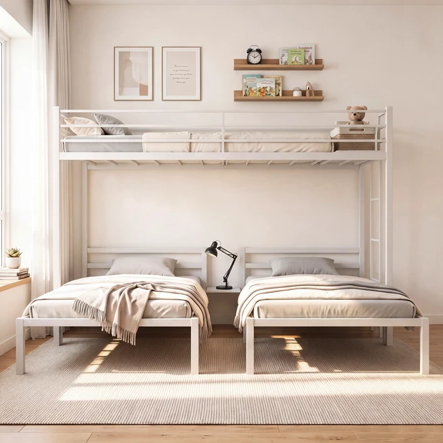 Alt view image 6 of 7 - Triple Bunk Bed Frame Twin Over Twin and Heavy Duty Metal T-Shaped Loft Bed for Kids and Teens Safety Guardrails