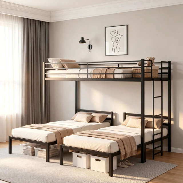 Main image of Triple Bunk Bed Frame Twin Over Twin and Heavy Duty Metal Loft Bed for Kids Teens Adults Space Saving T-Shaped