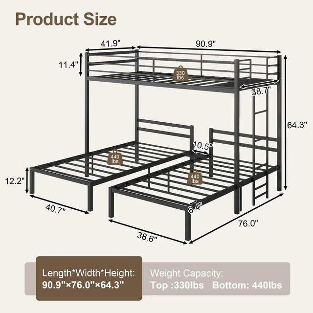Alt view image 2 of 7 - Triple Bunk Bed Frame Twin Over Twin and Heavy Duty Metal Loft Bed for Kids Teens Adults Space Saving T-Shaped