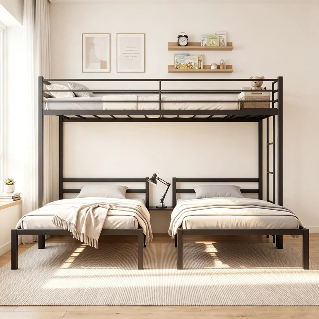 Alt view image 6 of 7 - Triple Bunk Bed Frame Twin Over Twin and Heavy Duty Metal Loft Bed for Kids Teens Adults Space Saving T-Shaped