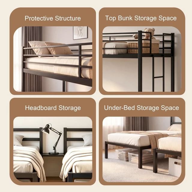 Alt view image 5 of 7 - Triple Bunk Bed Frame Twin Over Twin and Heavy Duty Metal Loft Bed for Kids Teens Adults Space Saving T-Shaped