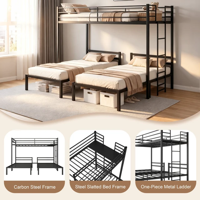 Alt view image 3 of 7 - Triple Bunk Bed Frame Twin Over Twin and Heavy Duty Metal Loft Bed for Kids Teens Adults Space Saving T-Shaped