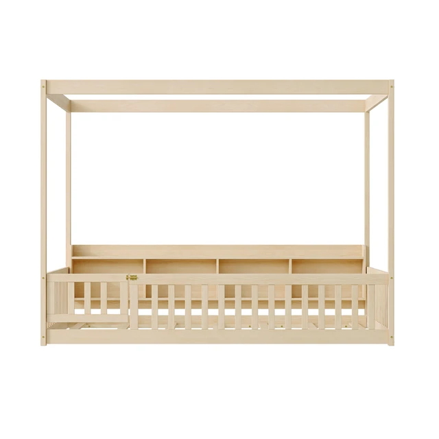Alt view image 2 of 7 - Full Size Montessori Floor Bed, Headboard with Open Storage Cubbies Sided Guardrails with Access Door Dual Use Bed