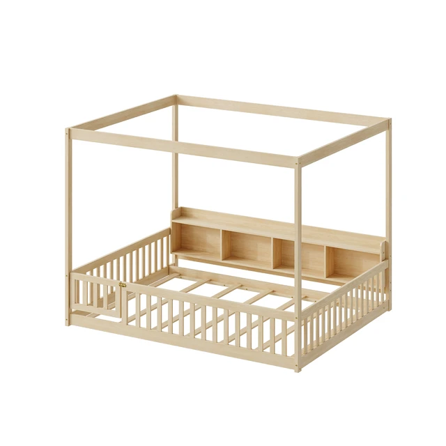 Alt view image 3 of 7 - Full Size Montessori Floor Bed, Headboard with Open Storage Cubbies Sided Guardrails with Access Door Dual Use Bed