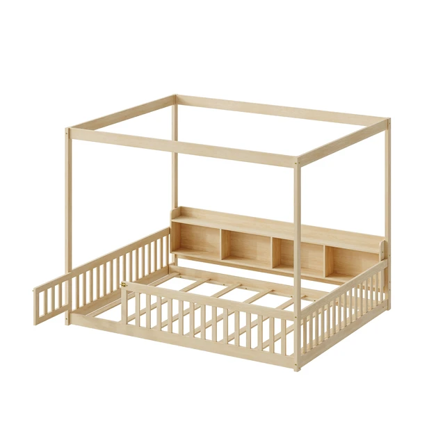 Alt view image 4 of 7 - Full Size Montessori Floor Bed, Headboard with Open Storage Cubbies Sided Guardrails with Access Door Dual Use Bed