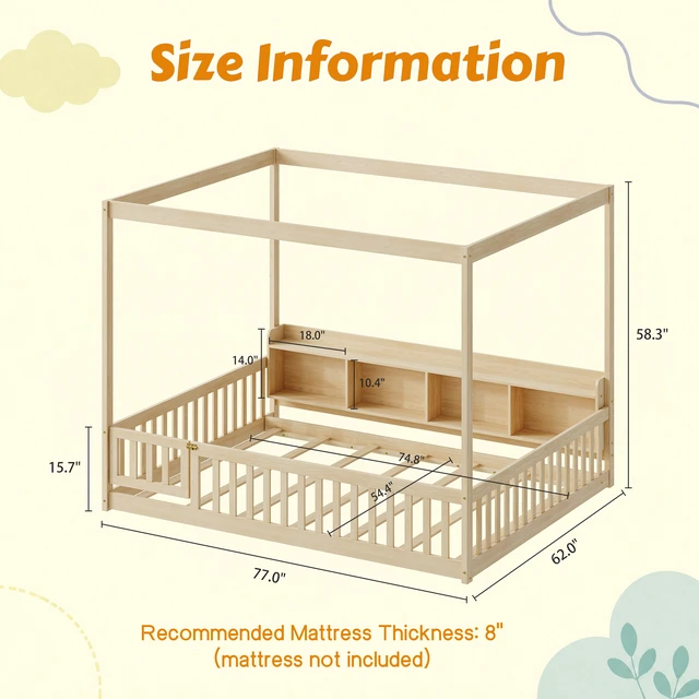 Alt view image 5 of 7 - Full Size Montessori Floor Bed, Headboard with Open Storage Cubbies Sided Guardrails with Access Door Dual Use Bed