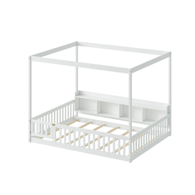 Alt view image 2 of 7 - Full Size Montessori Floor Bed, Headboard with Open Storage Cubbies Sided Guardrails with Access Door Dual Use Bed