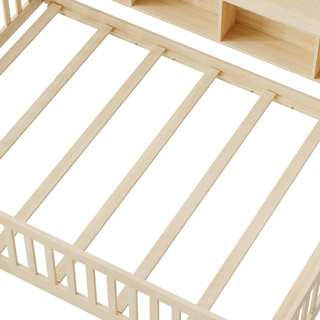 Alt view image 6 of 7 - Full Size Montessori Floor Bed, Headboard with Open Storage Cubbies Sided Guardrails with Access Door Dual Use Bed