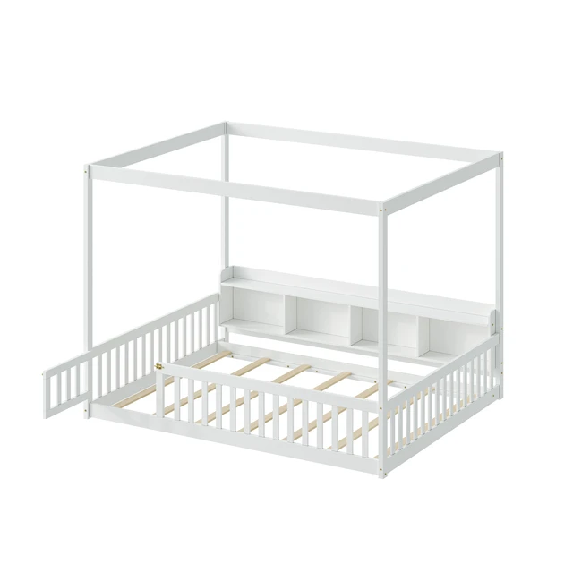 Alt view image 3 of 7 - Full Size Montessori Floor Bed, Headboard with Open Storage Cubbies Sided Guardrails with Access Door Dual Use Bed