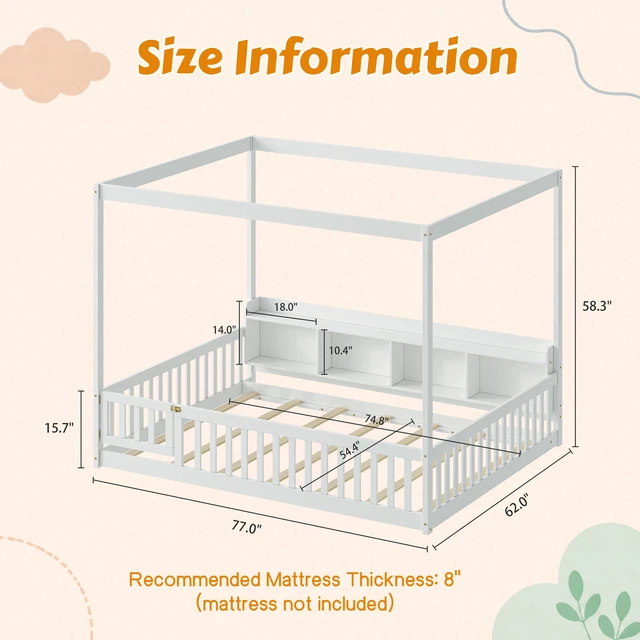 Alt view image 4 of 7 - Full Size Montessori Floor Bed, Headboard with Open Storage Cubbies Sided Guardrails with Access Door Dual Use Bed