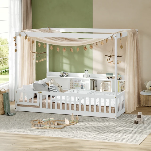 Alt view image 5 of 7 - Full Size Montessori Floor Bed, Headboard with Open Storage Cubbies Sided Guardrails with Access Door Dual Use Bed