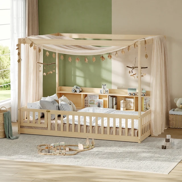 Alt view image 7 of 7 - Full Size Montessori Floor Bed, Headboard with Open Storage Cubbies Sided Guardrails with Access Door Dual Use Bed