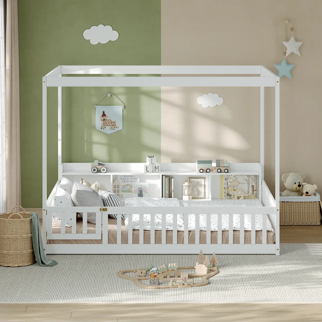 Alt view image 6 of 7 - Full Size Montessori Floor Bed, Headboard with Open Storage Cubbies Sided Guardrails with Access Door Dual Use Bed