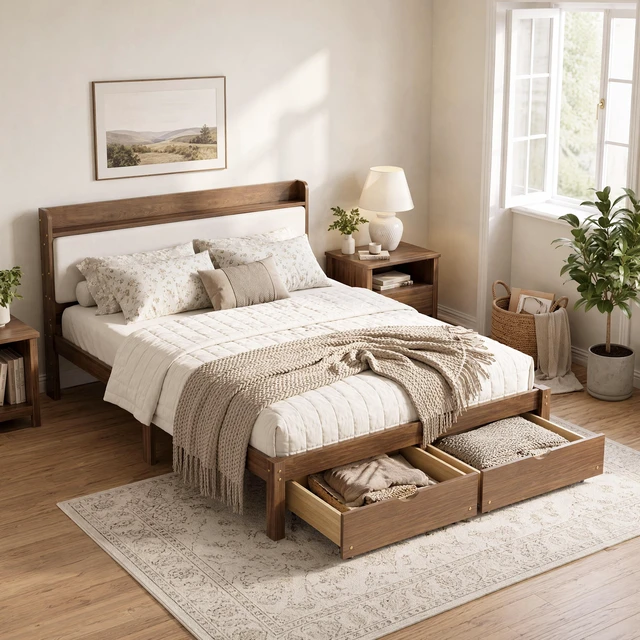 Main image of Full Size Bed with Storage Drawers, Upholstered Headboard Solid Slat Support Box Spring Required, Walnut, Wood, Beds
