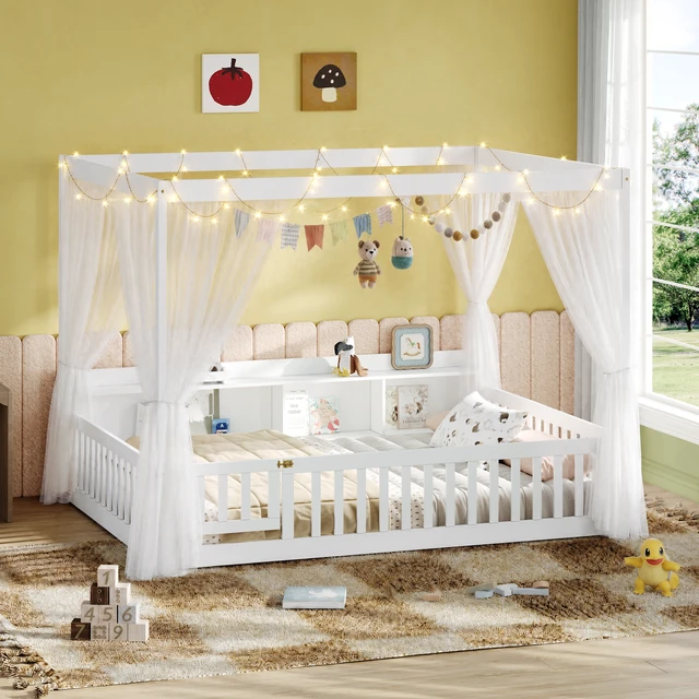 Alt view image 7 of 7 - Full Size Montessori Floor Bed, Headboard with Open Storage Cubbies Sided Guardrails with Access Door Dual Use Bed