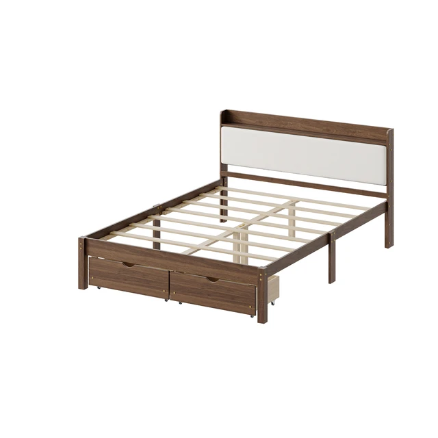 Alt view image 2 of 7 - Full Size Bed with Storage Drawers, Upholstered Headboard Solid Slat Support Box Spring Required, Walnut, Wood, Beds