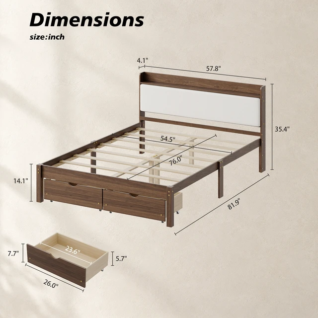 Alt view image 4 of 7 - Full Size Bed with Storage Drawers, Upholstered Headboard Solid Slat Support Box Spring Required, Walnut, Wood, Beds