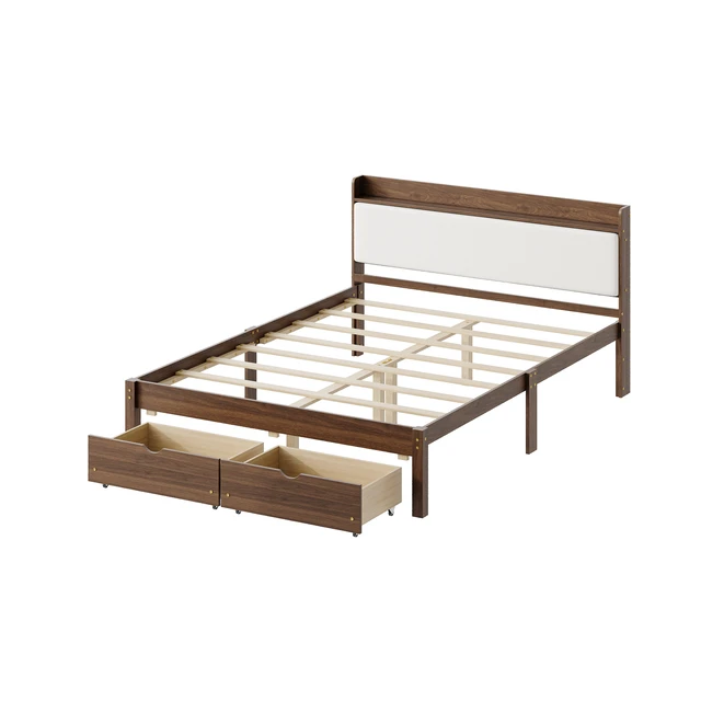 Alt view image 3 of 7 - Full Size Bed with Storage Drawers, Upholstered Headboard Solid Slat Support Box Spring Required, Walnut, Wood, Beds