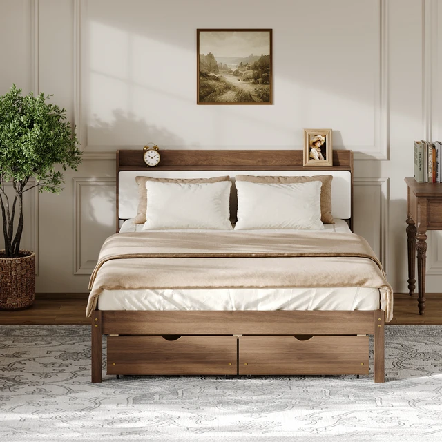 Alt view image 5 of 7 - Full Size Bed with Storage Drawers, Upholstered Headboard Solid Slat Support Box Spring Required, Walnut, Wood, Beds