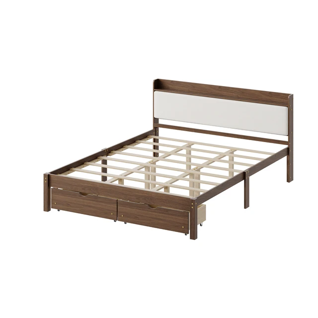 Alt view image 2 of 7 - Queen Size Bed with Storage Drawers, Upholstered Headboard Solid Slat Support Box Spring Required, Walnut, Wood, Beds