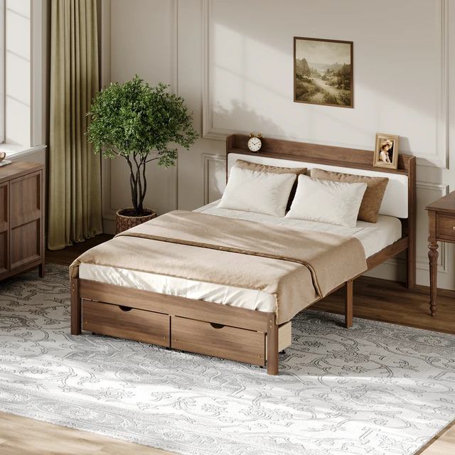 Alt view image 6 of 7 - Full Size Bed with Storage Drawers, Upholstered Headboard Solid Slat Support Box Spring Required, Walnut, Wood, Beds