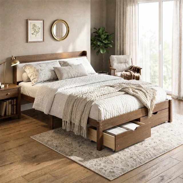 Main image of Queen Size Bed with Storage Drawers, Upholstered Headboard Solid Slat Support Box Spring Required, Walnut, Wood, Beds