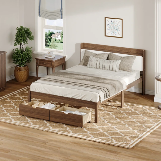 Alt view image 7 of 7 - Full Size Bed with Storage Drawers, Upholstered Headboard Solid Slat Support Box Spring Required, Walnut, Wood, Beds