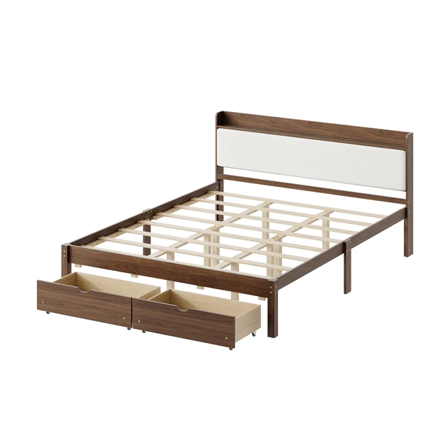 Alt view image 3 of 7 - Queen Size Bed with Storage Drawers, Upholstered Headboard Solid Slat Support Box Spring Required, Walnut, Wood, Beds
