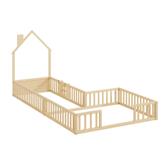 Alt view image 2 of 7 - Twin and Full Size Solid Montessori Floor Bed, Shaped Frame with Safety Guardrails Bed for Kids for Playing