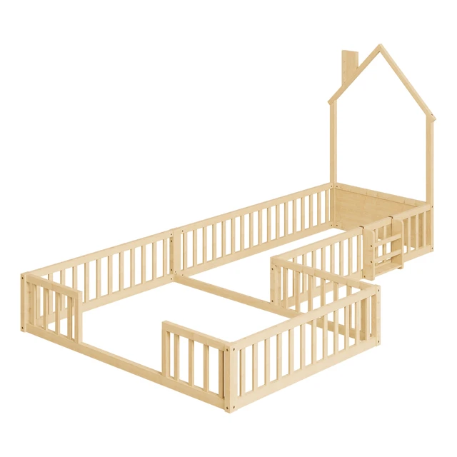Alt view image 3 of 7 - Twin and Full Size Solid Montessori Floor Bed, Shaped Frame with Safety Guardrails Bed for Kids for Playing