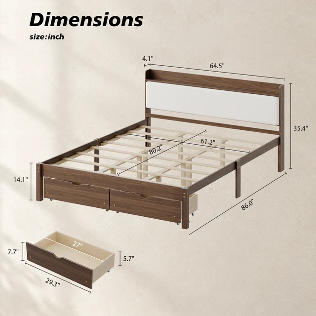 Alt view image 4 of 7 - Queen Size Bed with Storage Drawers, Upholstered Headboard Solid Slat Support Box Spring Required, Walnut, Wood, Beds