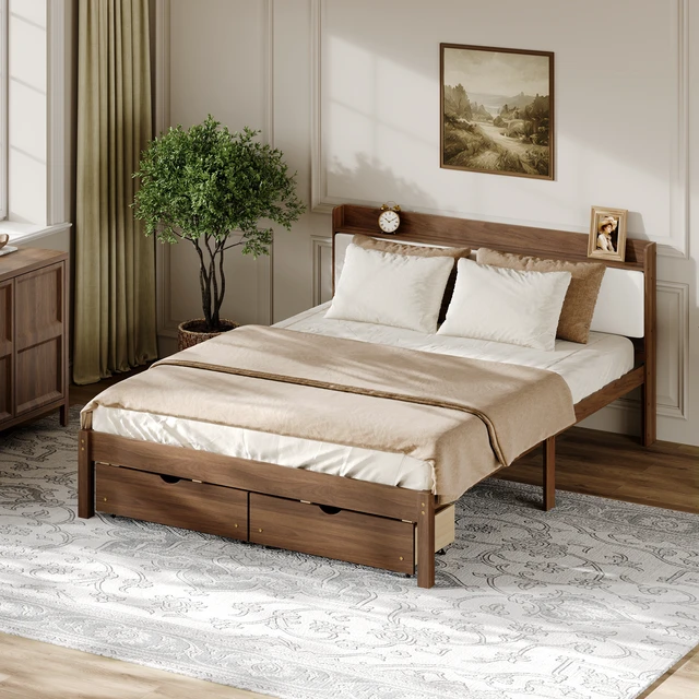 Alt view image 5 of 7 - Queen Size Bed with Storage Drawers, Upholstered Headboard Solid Slat Support Box Spring Required, Walnut, Wood, Beds