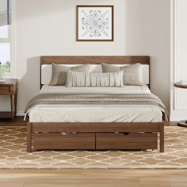 Alt view image 6 of 7 - Queen Size Bed with Storage Drawers, Upholstered Headboard Solid Slat Support Box Spring Required, Walnut, Wood, Beds