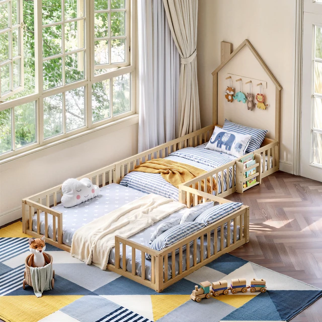 Main image of Twin and Full Size Solid Montessori Floor Bed, Shaped Frame with Safety Guardrails Bed for Kids for Playing