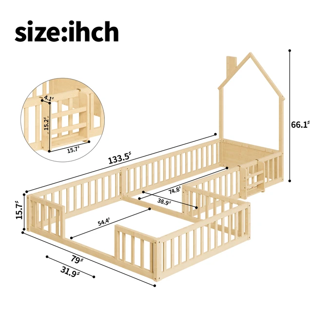 Alt view image 4 of 7 - Twin and Full Size Solid Montessori Floor Bed, Shaped Frame with Safety Guardrails Bed for Kids for Playing