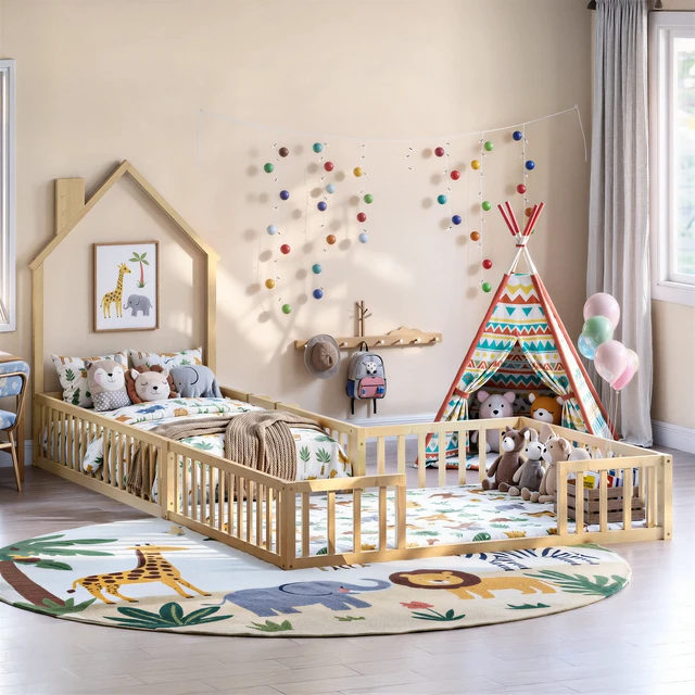 Alt view image 5 of 7 - Twin and Full Size Solid Montessori Floor Bed, Shaped Frame with Safety Guardrails Bed for Kids for Playing