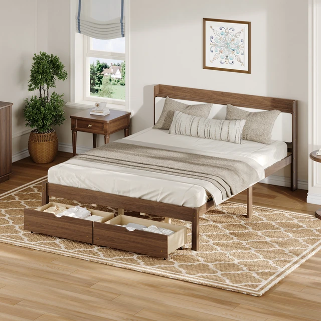 Alt view image 7 of 7 - Queen Size Bed with Storage Drawers, Upholstered Headboard Solid Slat Support Box Spring Required, Walnut, Wood, Beds