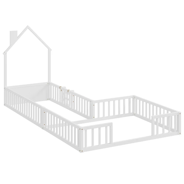 Alt view image 2 of 7 - Twin and Full Size Solid Montessori Floor Bed, Shaped Frame with Safety Guardrails Bed for Kids for Playing