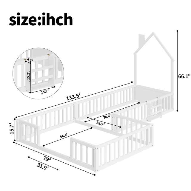 Alt view image 4 of 7 - Twin and Full Size Solid Montessori Floor Bed, Shaped Frame with Safety Guardrails Bed for Kids for Playing