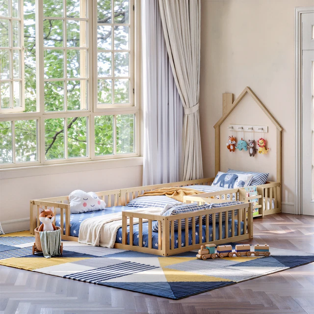 Alt view image 6 of 7 - Twin and Full Size Solid Montessori Floor Bed, Shaped Frame with Safety Guardrails Bed for Kids for Playing