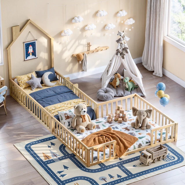 Alt view image 7 of 7 - Twin and Full Size Solid Montessori Floor Bed, Shaped Frame with Safety Guardrails Bed for Kids for Playing