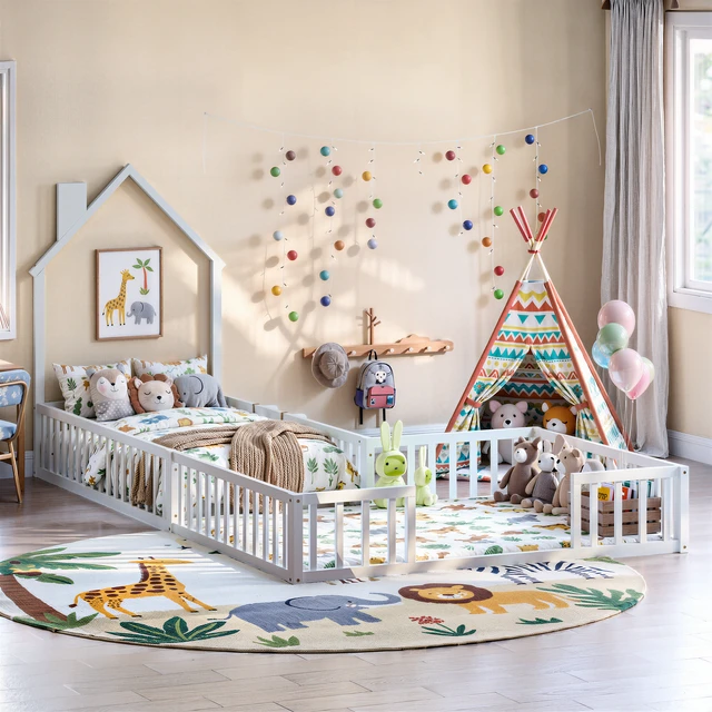 Alt view image 7 of 7 - Twin and Full Size Solid Montessori Floor Bed, Shaped Frame with Safety Guardrails Bed for Kids for Playing