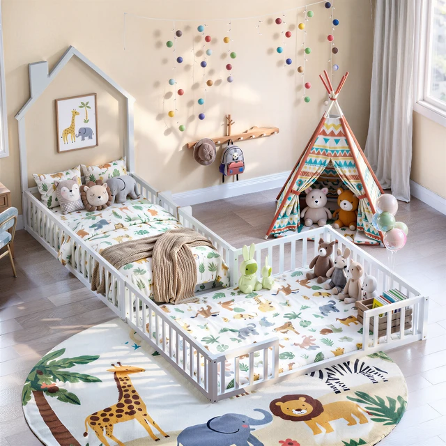Alt view image 5 of 7 - Twin and Full Size Solid Montessori Floor Bed, Shaped Frame with Safety Guardrails Bed for Kids for Playing