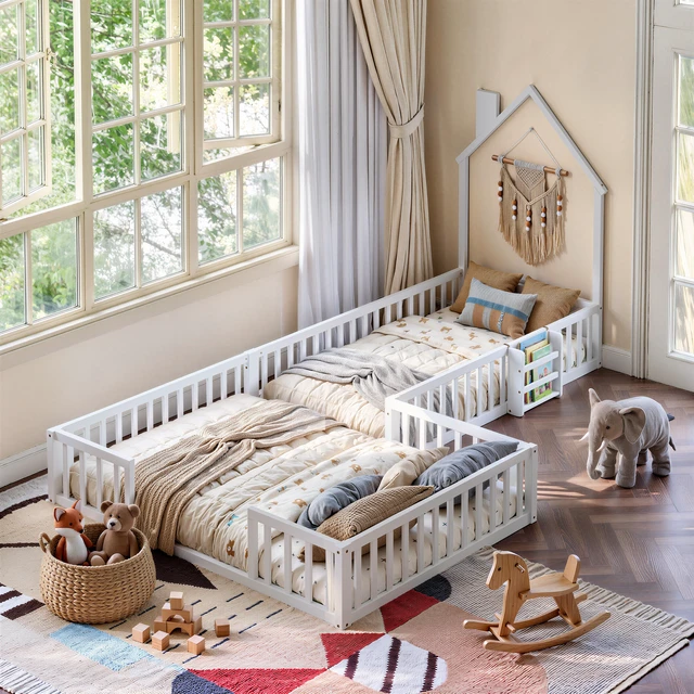 Main image of Twin and Full Size Solid Montessori Floor Bed, Shaped Frame with Safety Guardrails Bed for Kids for Playing