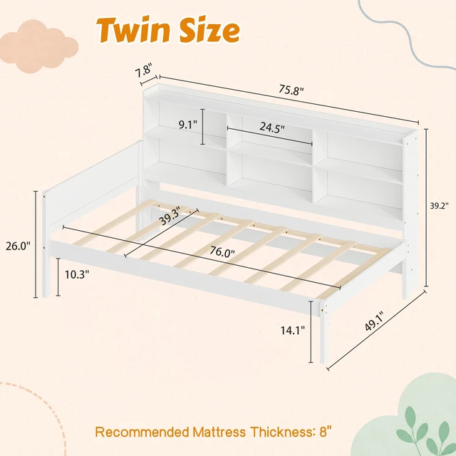 Alt view image 4 of 7 - Twin Size Solid Single Bed with Large Compartment Storage Headboard Bookshelf, Simple Solid Bed Frame Functional