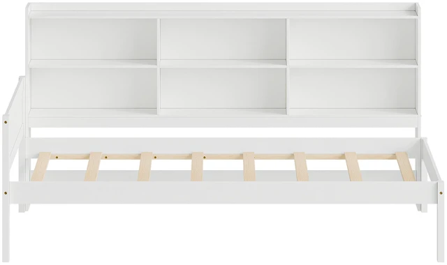 Alt view image 2 of 7 - Twin Size Solid Single Bed with Large Compartment Storage Headboard Bookshelf, Simple Solid Bed Frame Functional