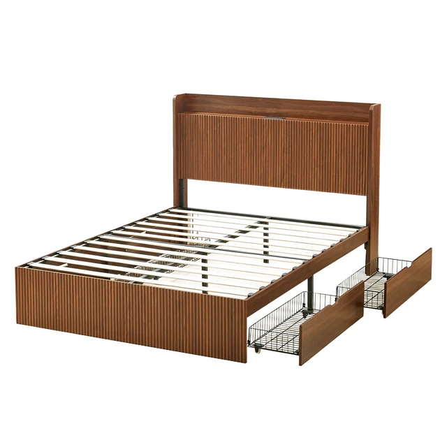 Alt view image 3 of 7 - Queen Size Platform Bed Frame with Storage Drawers and Built in Charging Station, Wooden Storage Box Bed Large Capacity