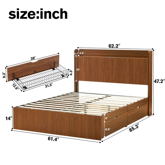 Alt view image 4 of 7 - Queen Size Platform Bed Frame with Storage Drawers and Built in Charging Station, Wooden Storage Box Bed Large Capacity