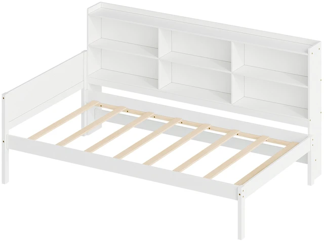 Alt view image 3 of 7 - Twin Size Solid Single Bed with Large Compartment Storage Headboard Bookshelf, Simple Solid Bed Frame Functional