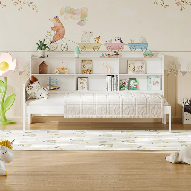 Alt view image 6 of 7 - Twin Size Solid Single Bed with Large Compartment Storage Headboard Bookshelf, Simple Solid Bed Frame Functional